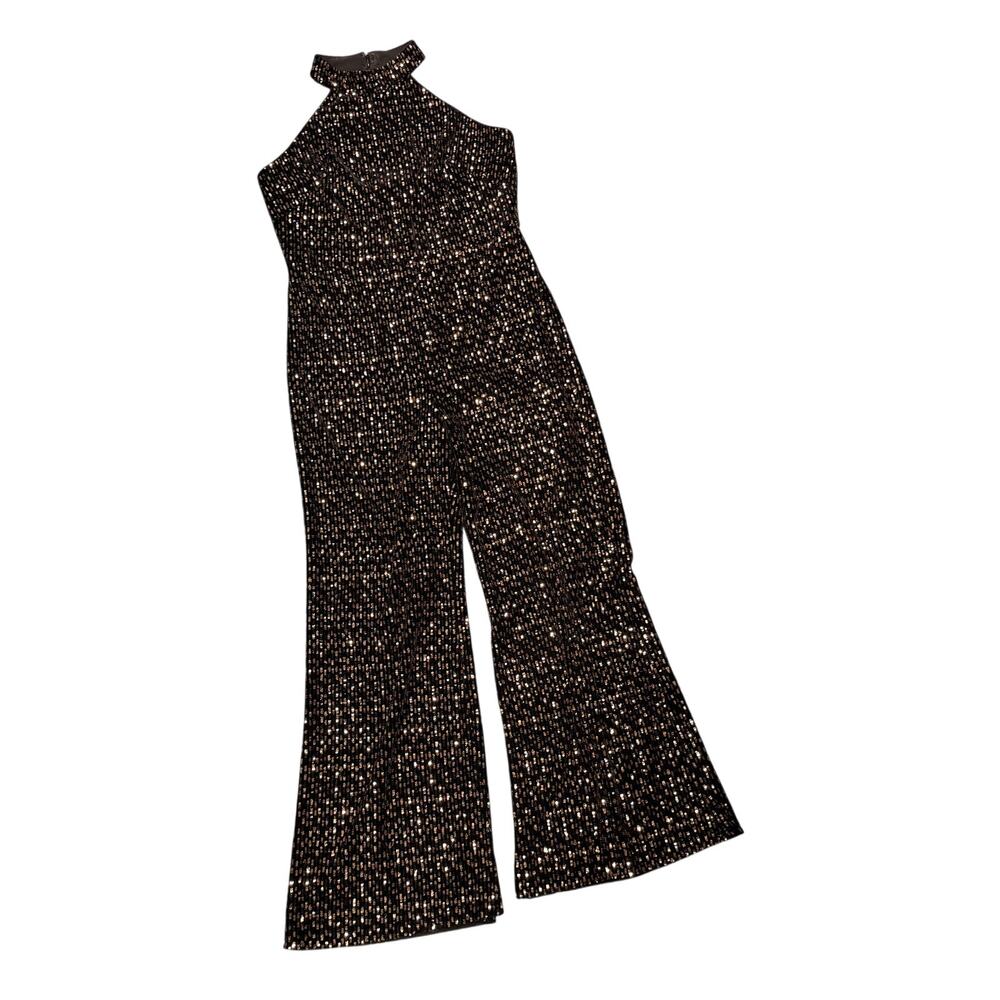 Monique Lhuillier Lucrezia Embellished Jumpsuit 8 Black Velvet Sequins BHLDN